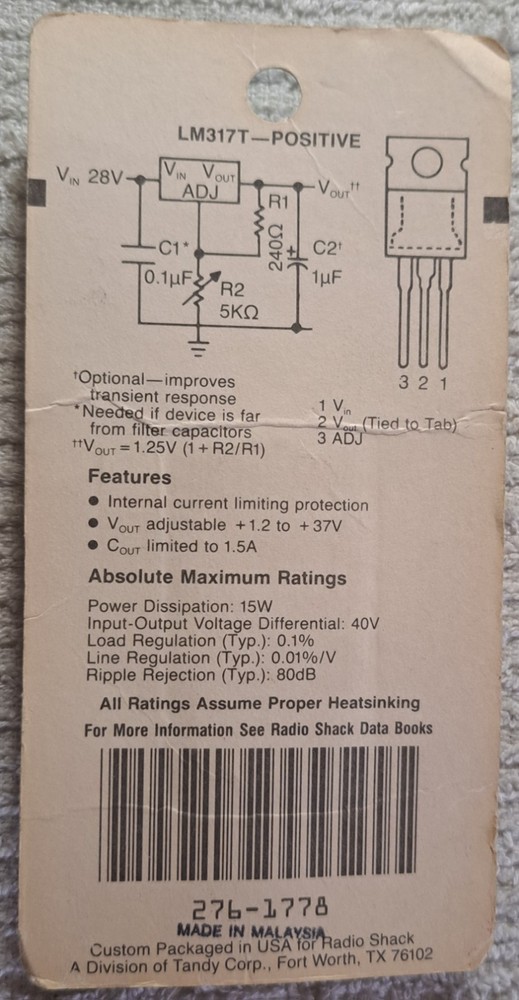 RADIO SHACK ARCHER ADJUSTABLE VOLTAGE REGULATOR