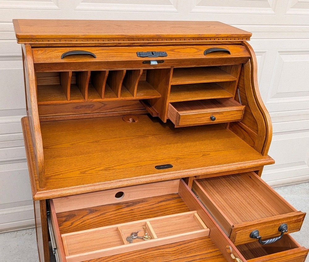 Solid Oak Roll-Top Desk by Winners Only Inc. – Locking Secretary Desk