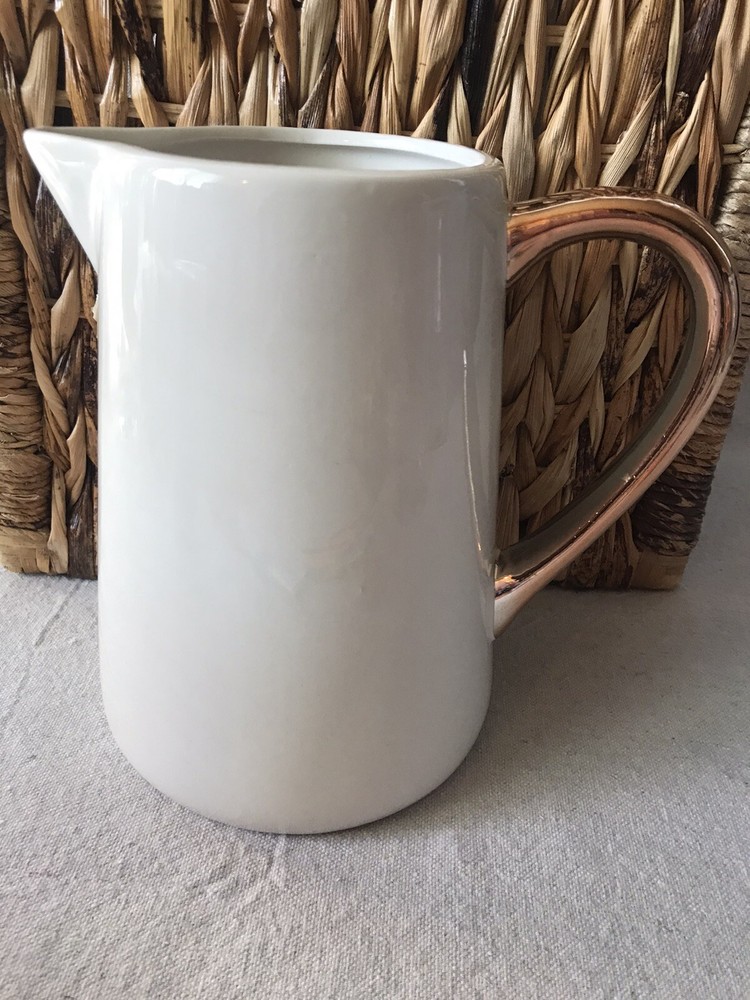 Ceramic Pitcher 7”Heart Flutter White W/ Copper Handle Unique. EUC debi Lily