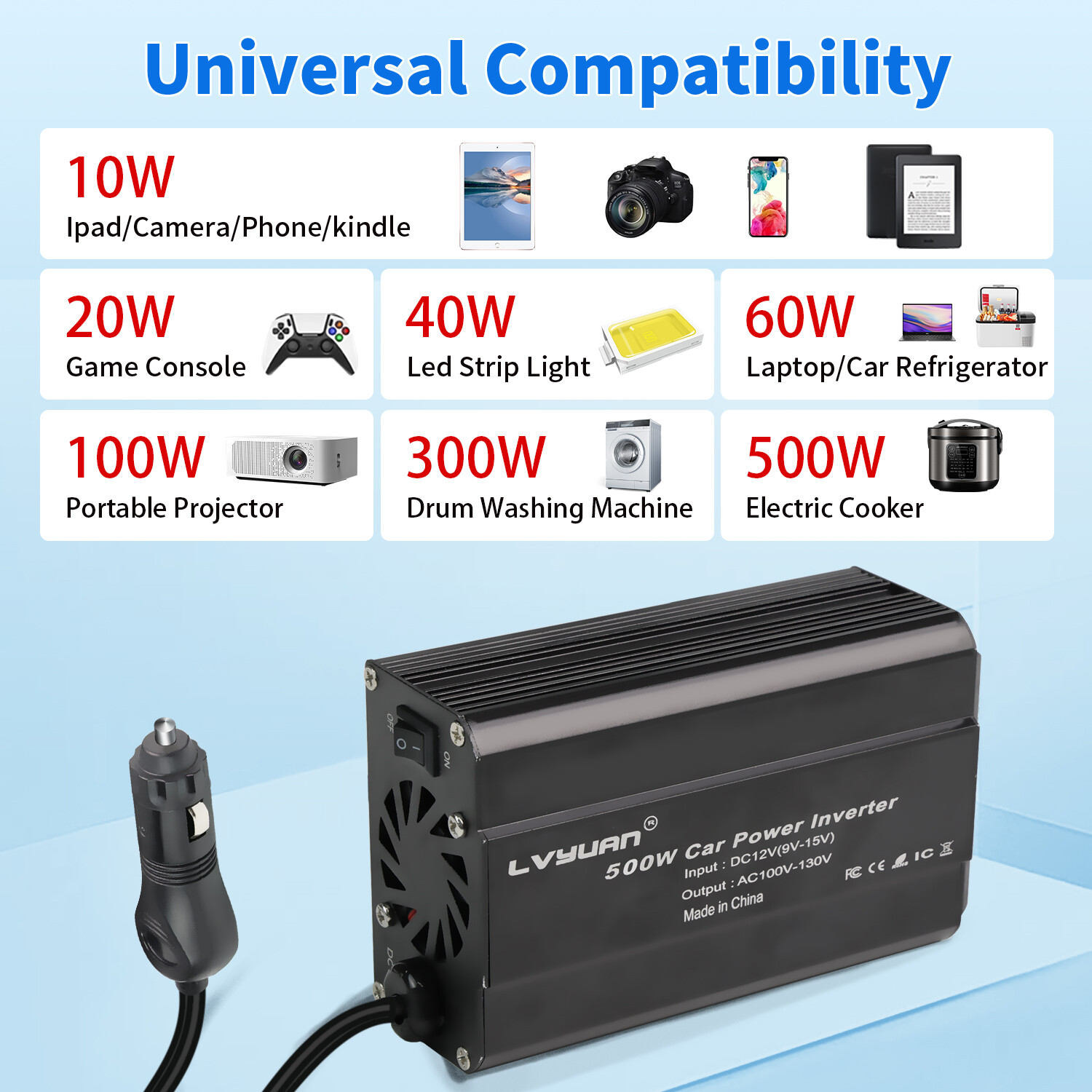 500W Power Inverter DC 12V to 110V AC Car Plug Adapter Outlet Converter for Car
