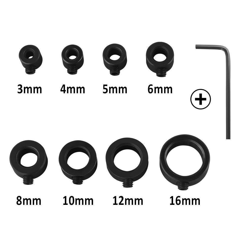 Depth Stop Drill Bit, 18 Piece Collar Set 8 Different Sizes, black