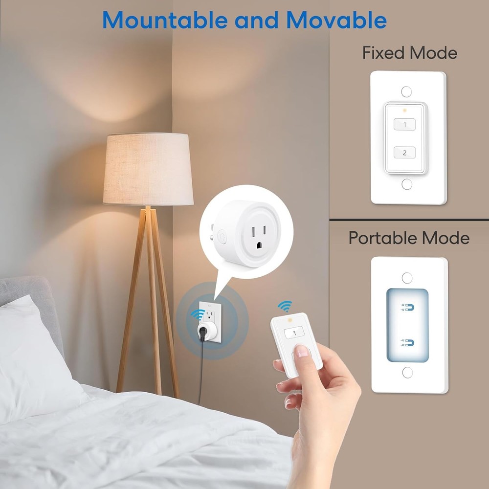 2 Pack Mini Wireless Remote Control Outlet Plug Adapter, 10A, 656ft Range