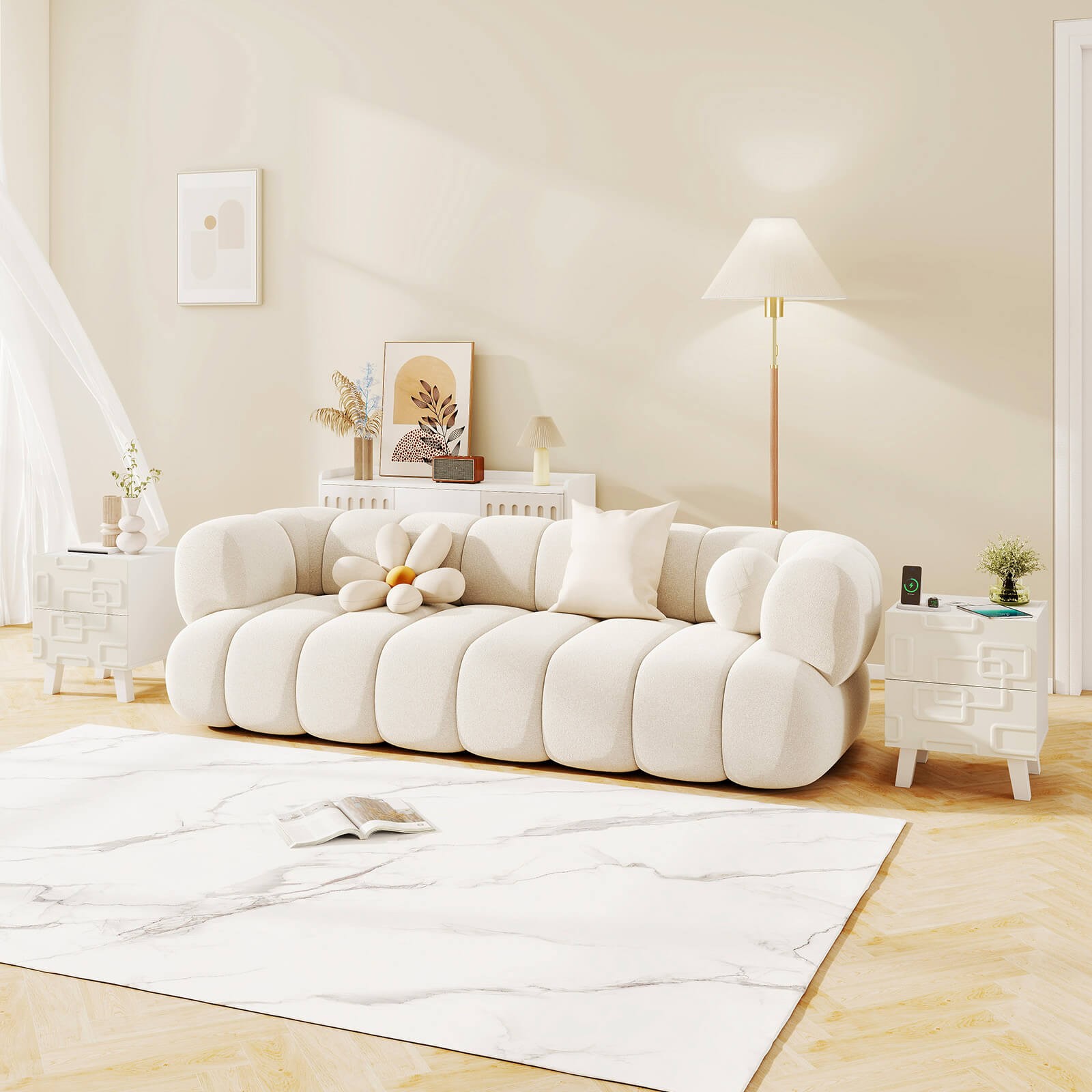 2PCS Mid Century Modern Bedside Table w/2 Storage Drawers 3D Geometric Patterns