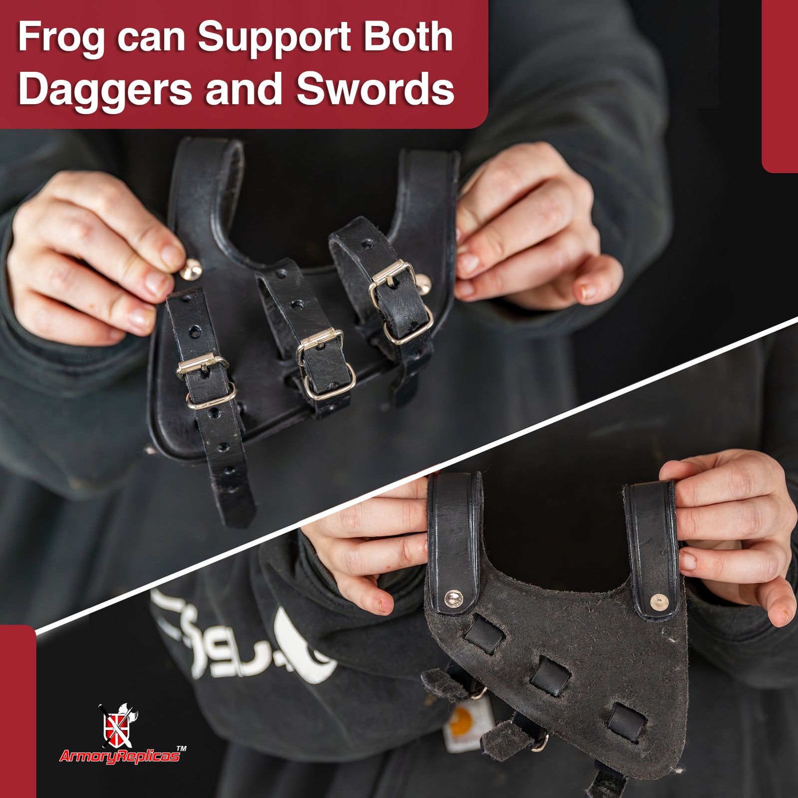 Medieval Functional Ace Dueler 3-Strap Genuine Leather Sword Frog Adjustable L/R