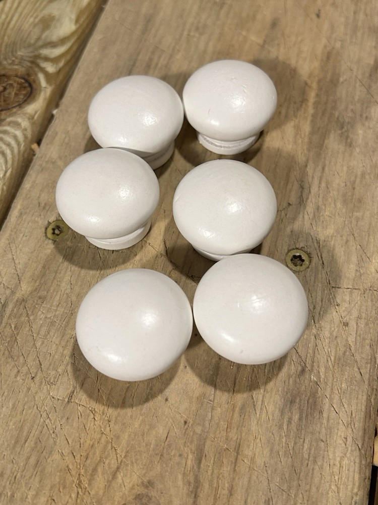 6 White Wood Knobs Drawer Cabinet Vintage Door Pulls Round 1”