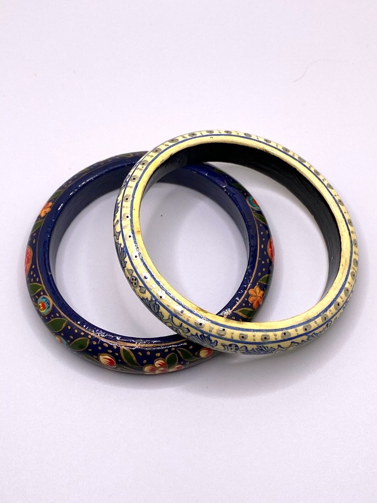 Artisan Bangle Bracelets (2) Hand Painted Blues Whites Reds Stackable