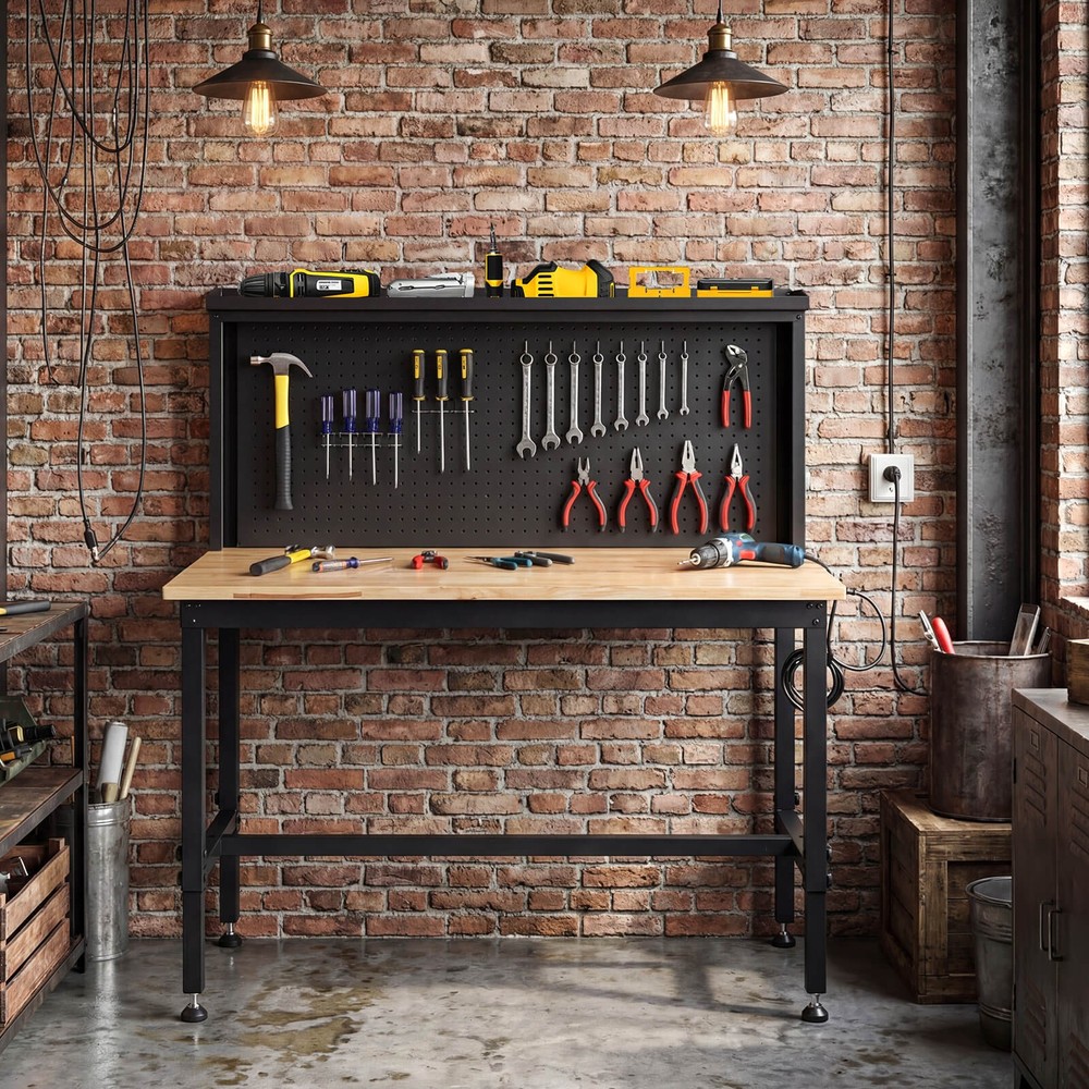 48” Heavy Duty Workbench with Pegboard and AC/USB Outlets, Max Load 2000 LBS