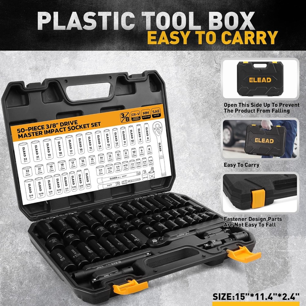 3/8'' Drive Impact Socket Set - 50-Piece Shallow & Deep Socket Set Metric