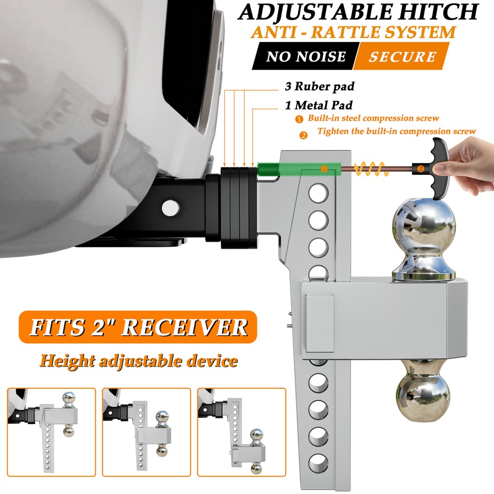 Trailer Hitch Fits 2" Receiver 10" Adjustable Drop Hitch,15000LBS Solid Ball