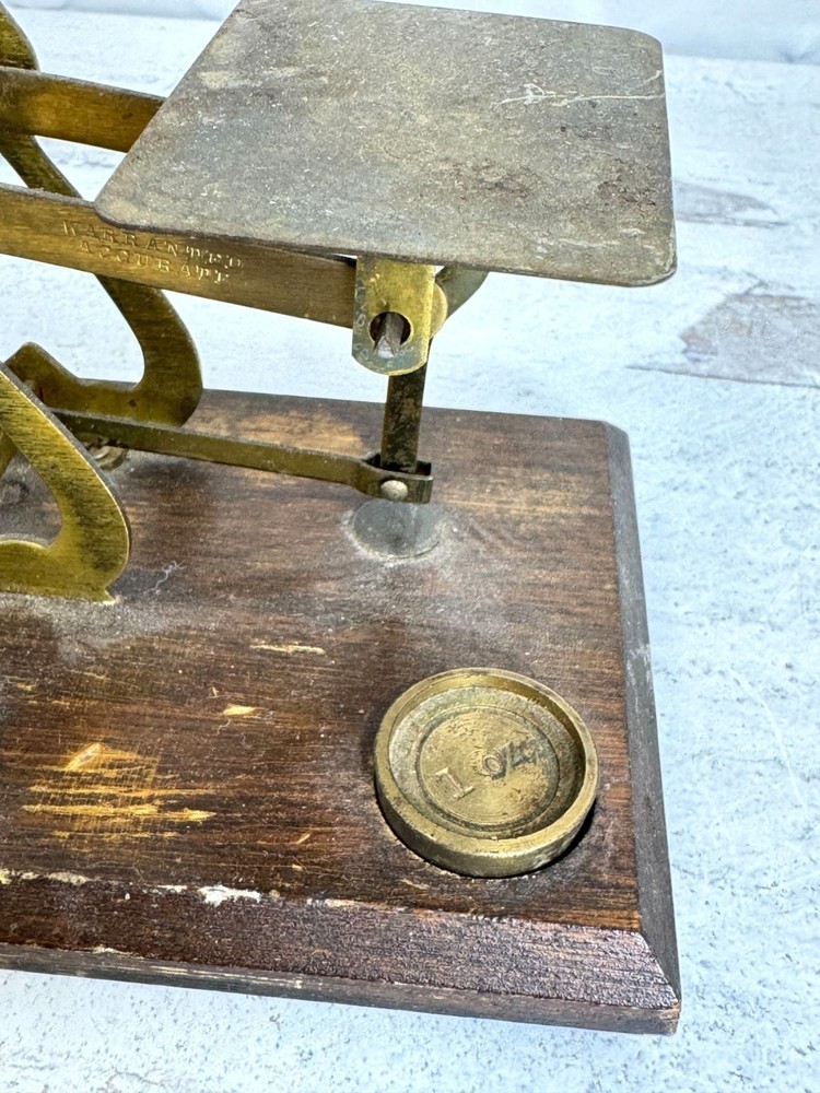 Antique Brass & Wood Postal Scale w Weights