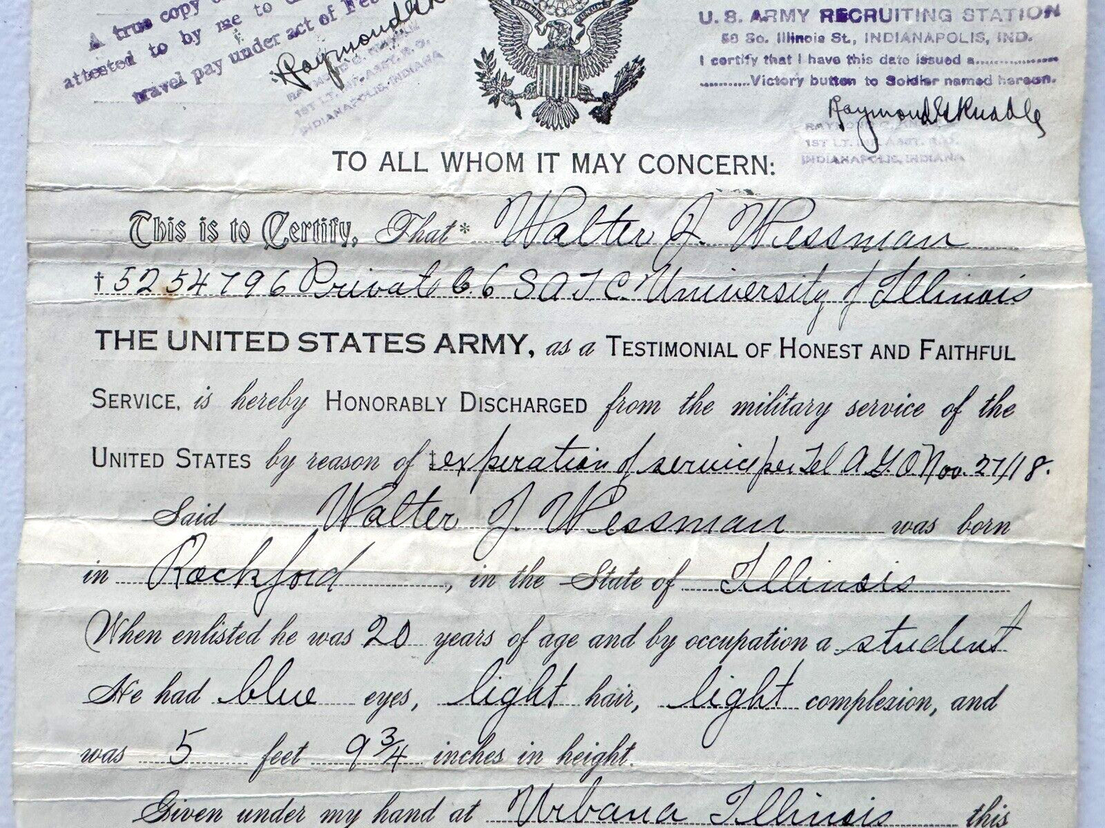 1918 WWI HONORBLE DISCHARGE PAPERS FROM THE UNITED STATES ARMY PRIVATE WESSMAN