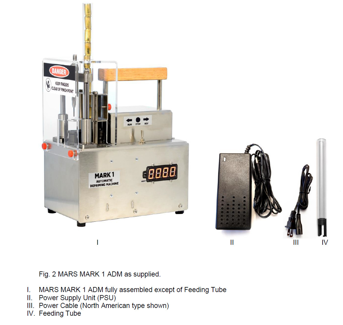 ADM Automatic Depriming Machine: removes Primers from Spent Brass before Reload