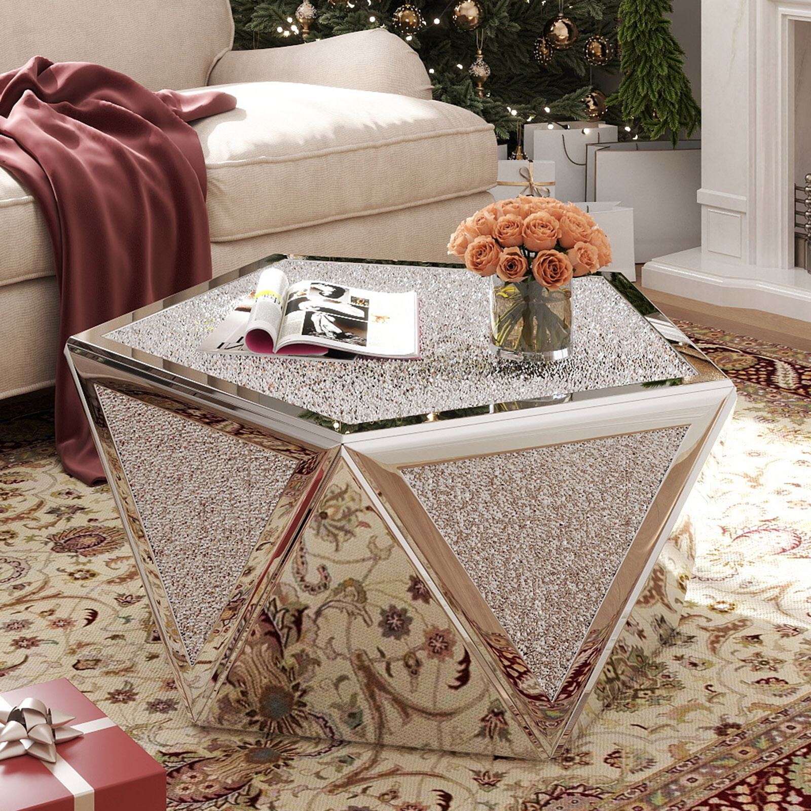 Silver Pentagonal Mirrored Coffee Table Side Table with Crushed Diamond Tabletop