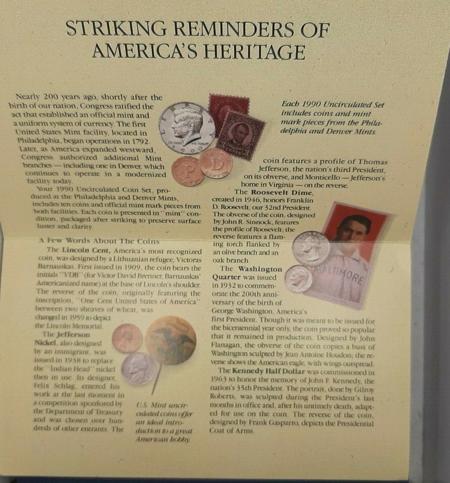 1990 P & D U. S. MINT UNCIRCULATED COIN SET W/ENVELOPE