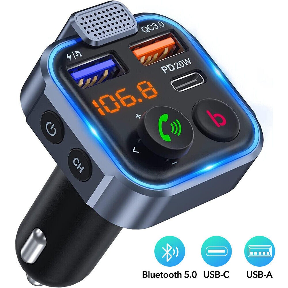 Wireless FM Transmitter Car Adapter Type-C PD 20W+ QC3.0 Fast USB Charger PD20W
