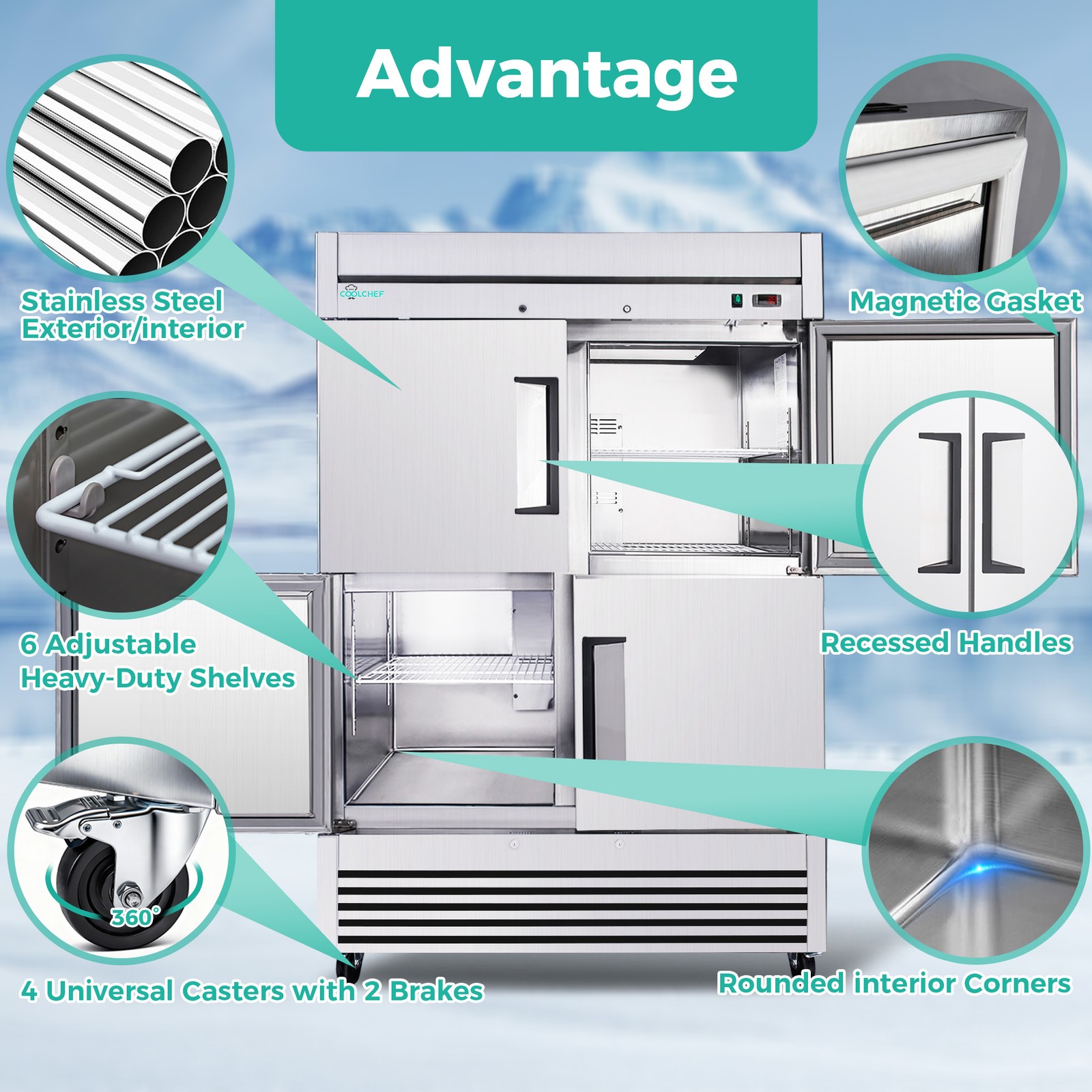 54" Commercial Refrigerator 49 Cu.Ft 4-Door 32–37℉ Air Cooling 6 Shelves, R290