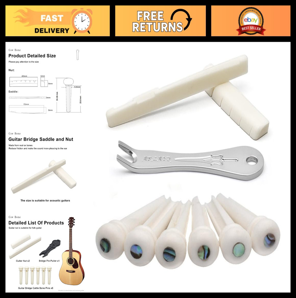 6-String Acoustic Guitar Bone Bridge Saddle & Nut, 6 Bridge Pins + Puller Tool