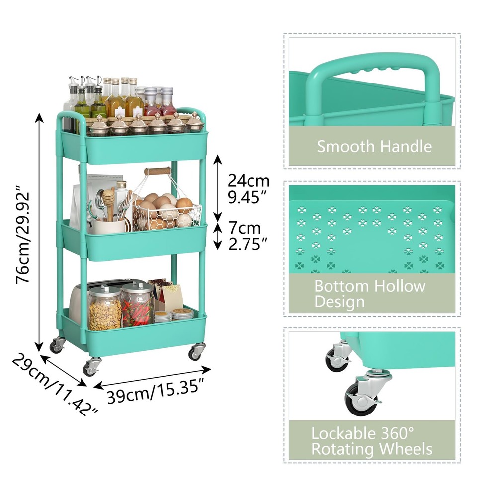 3-Tier Plastic Rolling Utility Cart with Handle, Multi-Functional Storage