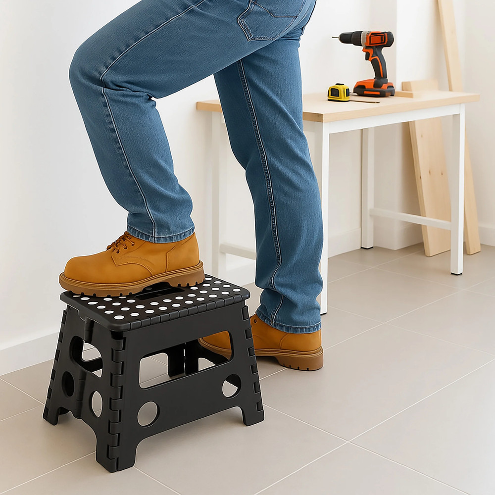 Extra Wide Folding Step Stool Black 12.7 Inch with Non-Slip Surfac