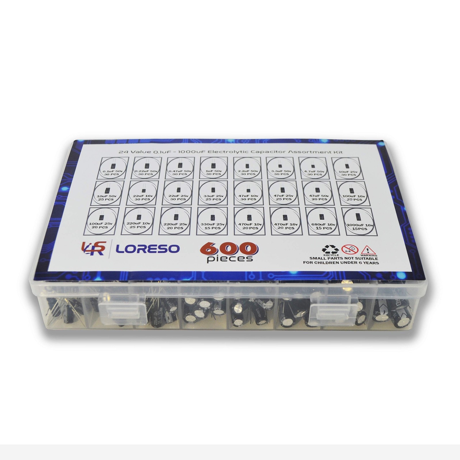 Electrolytic Capacitor Assortment Kit Box by Loreso 600pcs 24 Value Electrol...