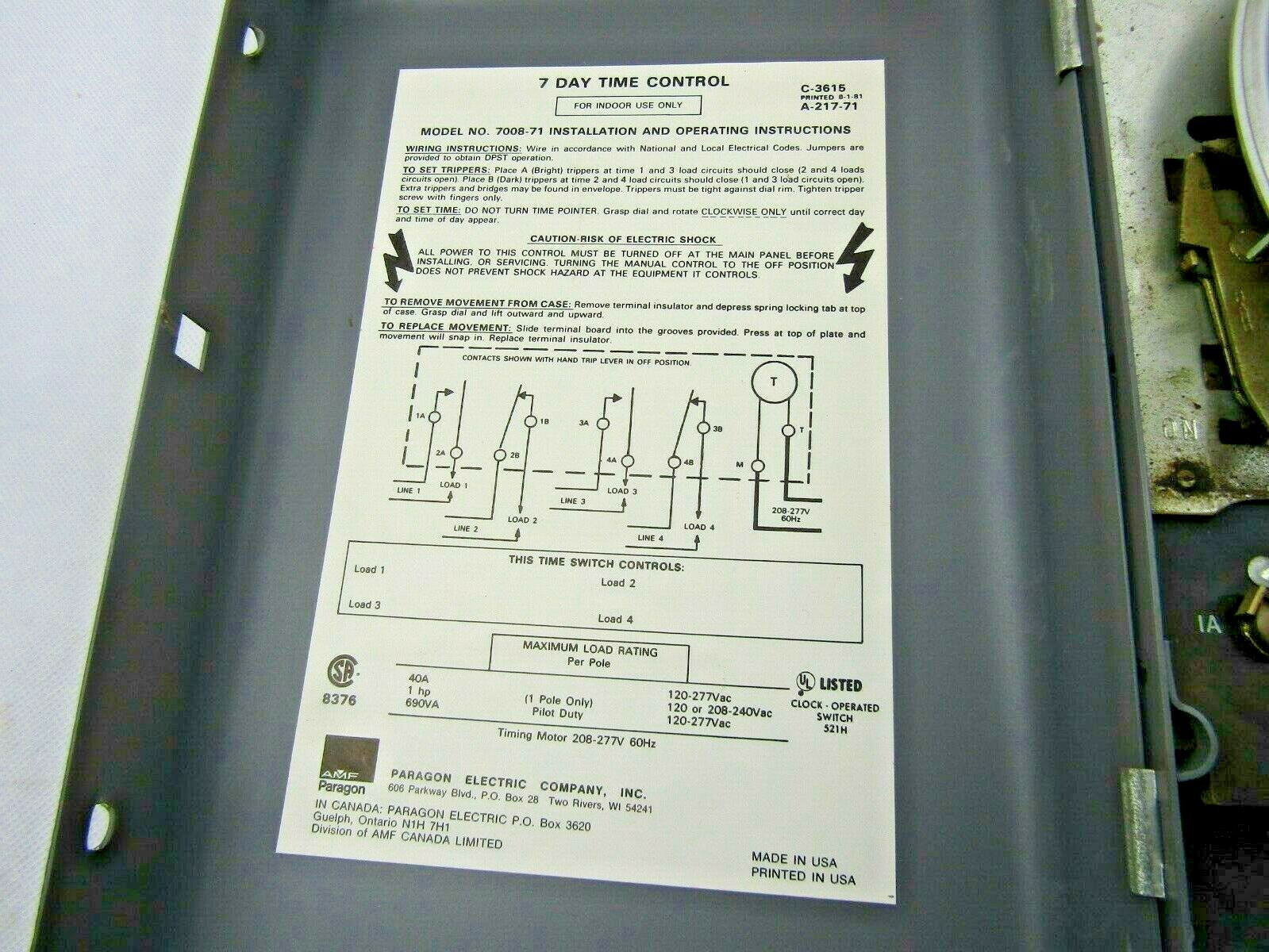Paragon 7008-71 7-Day Time Control 4 Pole Single Throw 208/277Vac