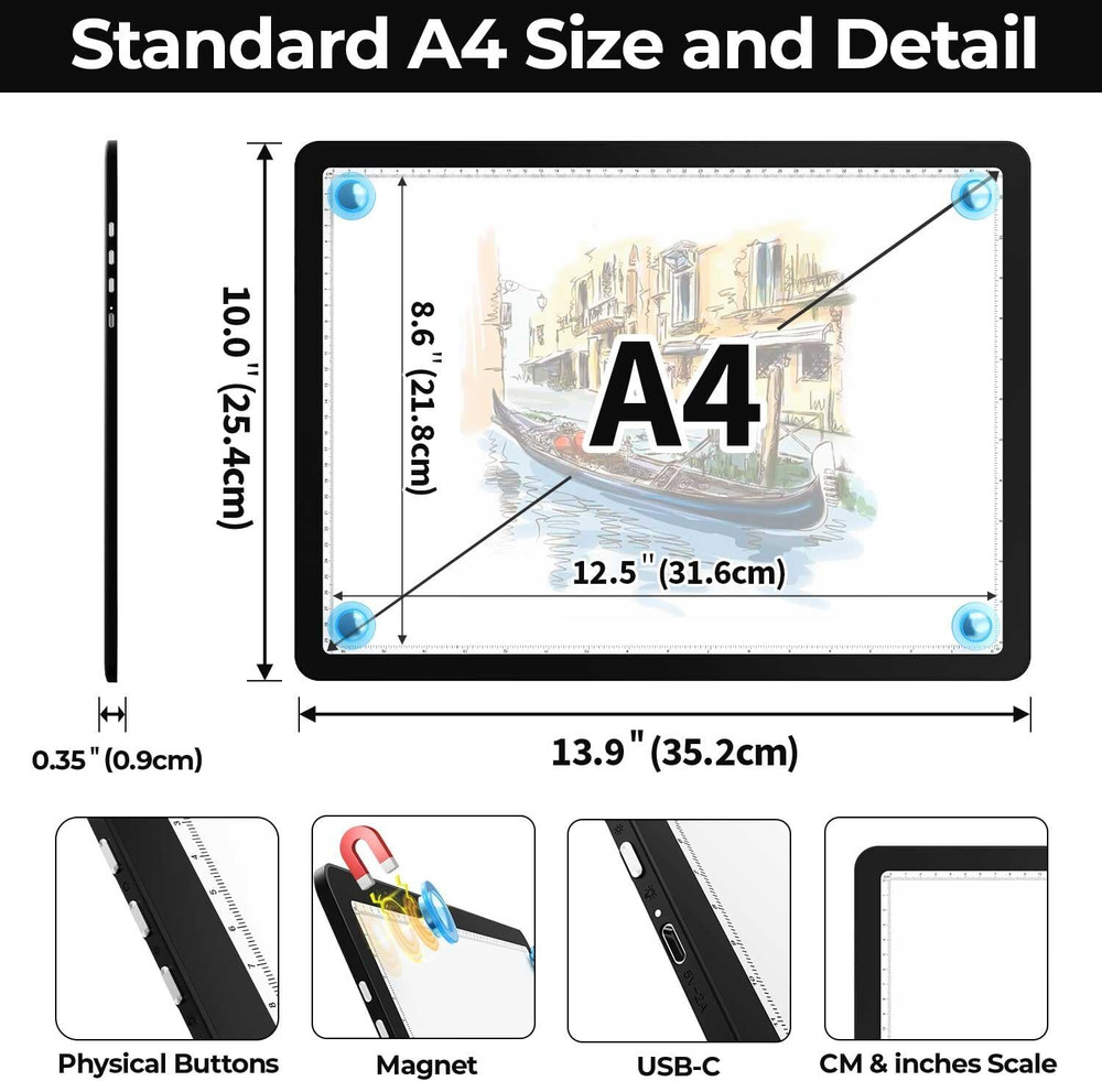 A4 LED Copy Board Light Tracing Box,Super Bright Magnetic Light Pad with Side...