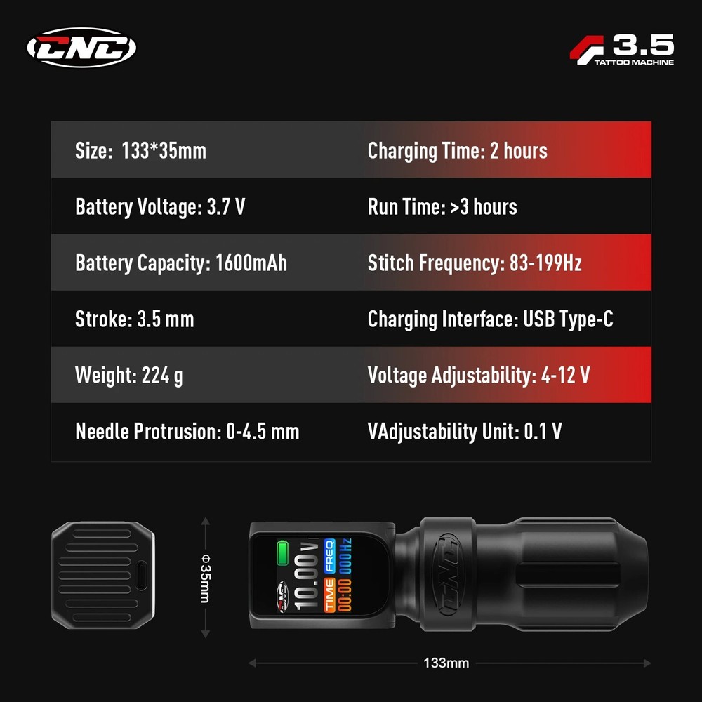 CNC E77 Wireless Tattoo Machine Adjustable Stroke LED Screen 2 Batteries CASE