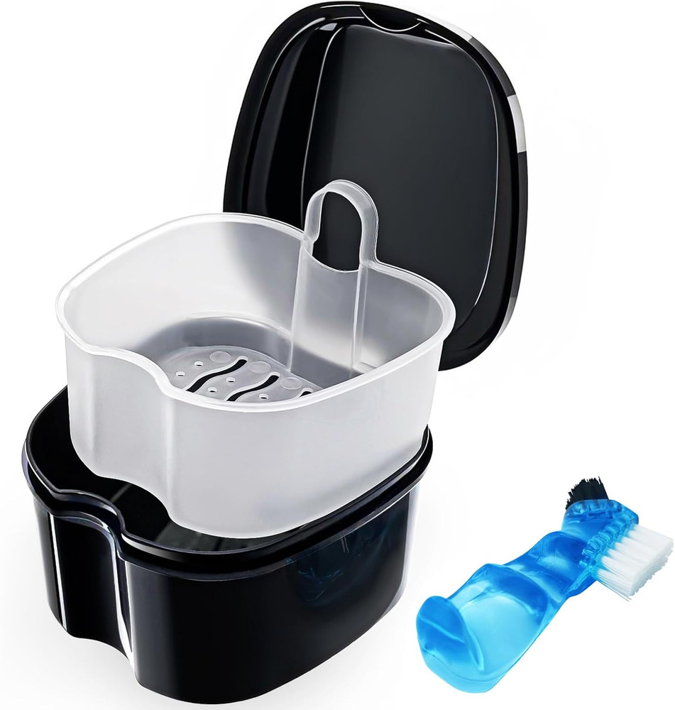 Black Denture Soaking Container Partial Denture Case, Orthodontic Retainer Clean