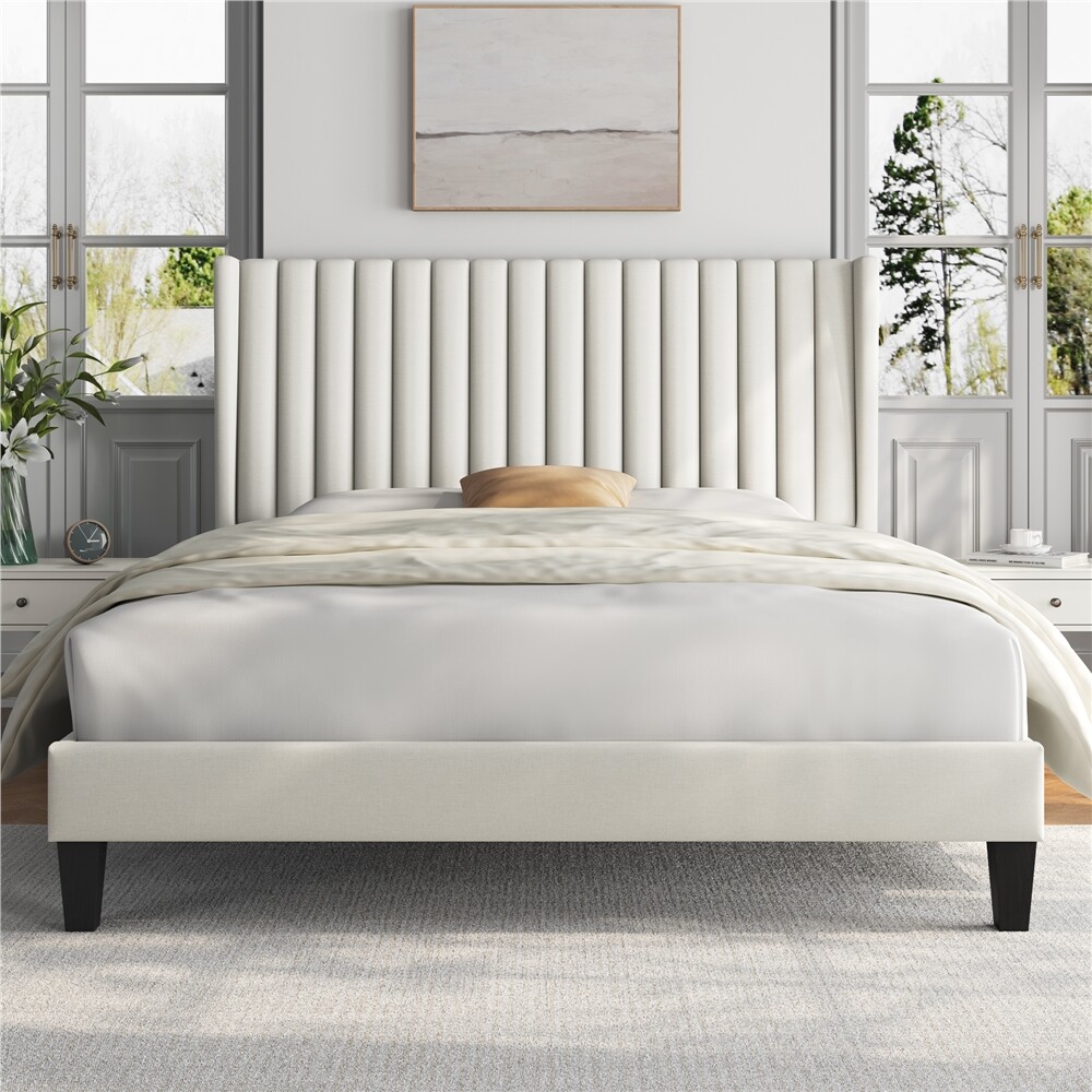 King/Queen Upholstered Bed Frame with Wing Side, No Box Spring Needed, Beige