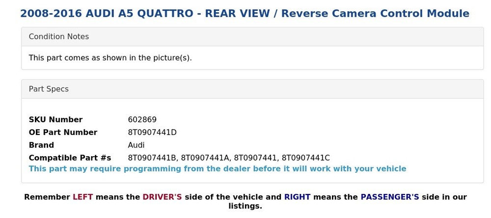 2008-2016 AUDI A5 QUATTRO - REAR VIEW / Reverse Camera Control Module