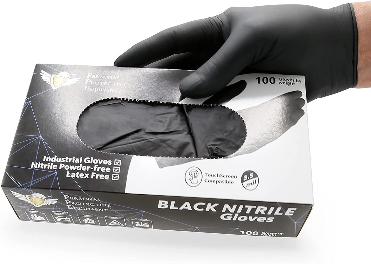 S&G Black Nitrile Gloves Latex Powder Free 3 Mil 2x100pcs 1000pcs XS/S/M/L/XL