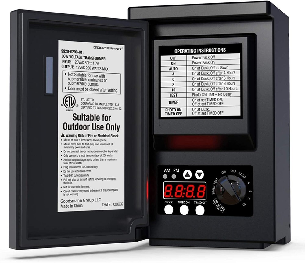 GOODSMANN Low Voltage Transformer 200 Watt with Timer, Photo Eye Sensor