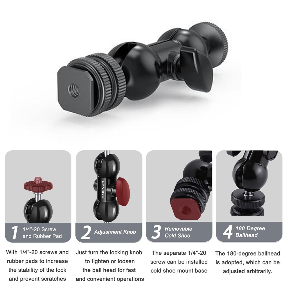 Lanxire Mini Magic Arm Multi-Function Double Ball Head with 1/4" Small, Black