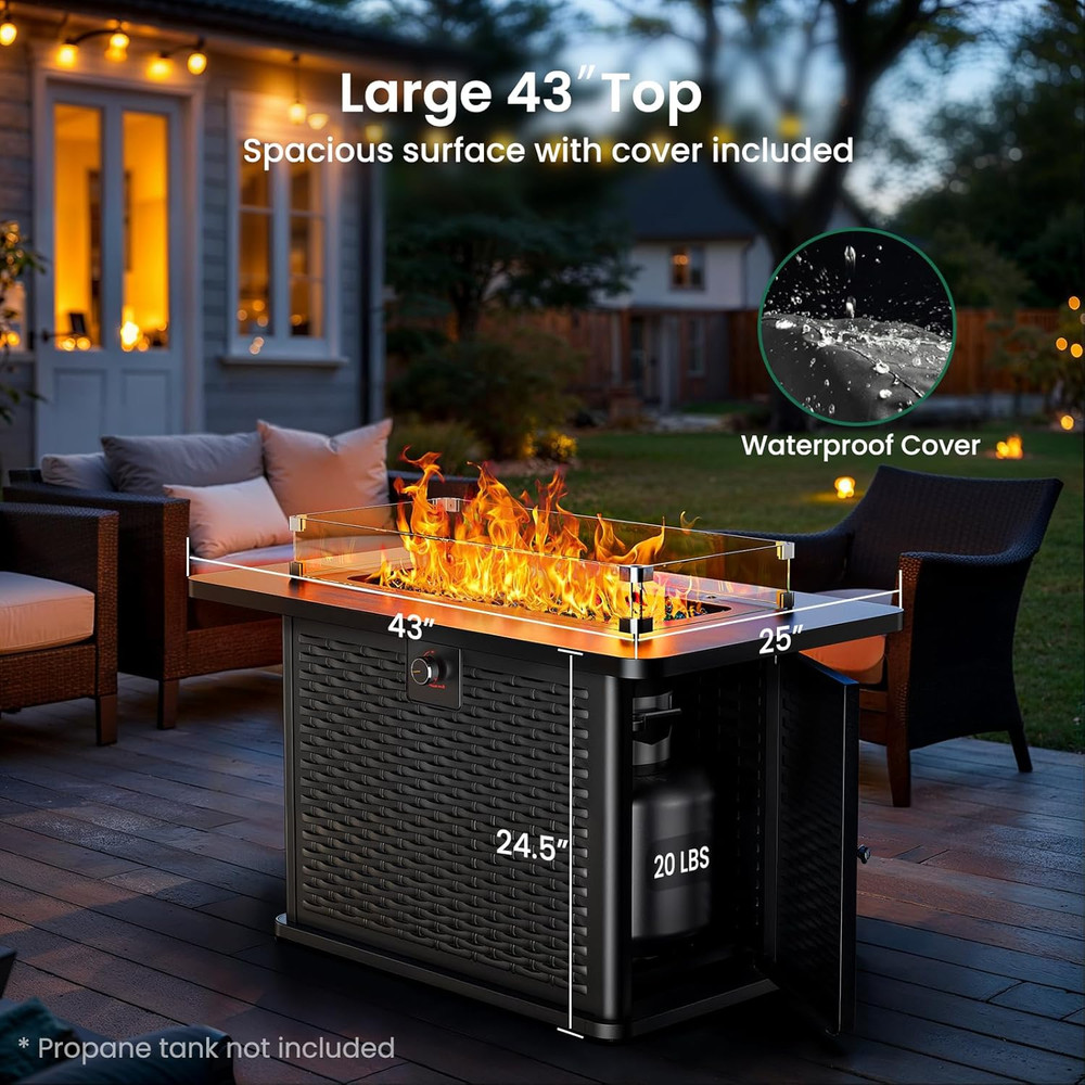 43-Inch Rectangular Propane Fire Pit with 60,000 BTU Output, Fire Pit Table Prem