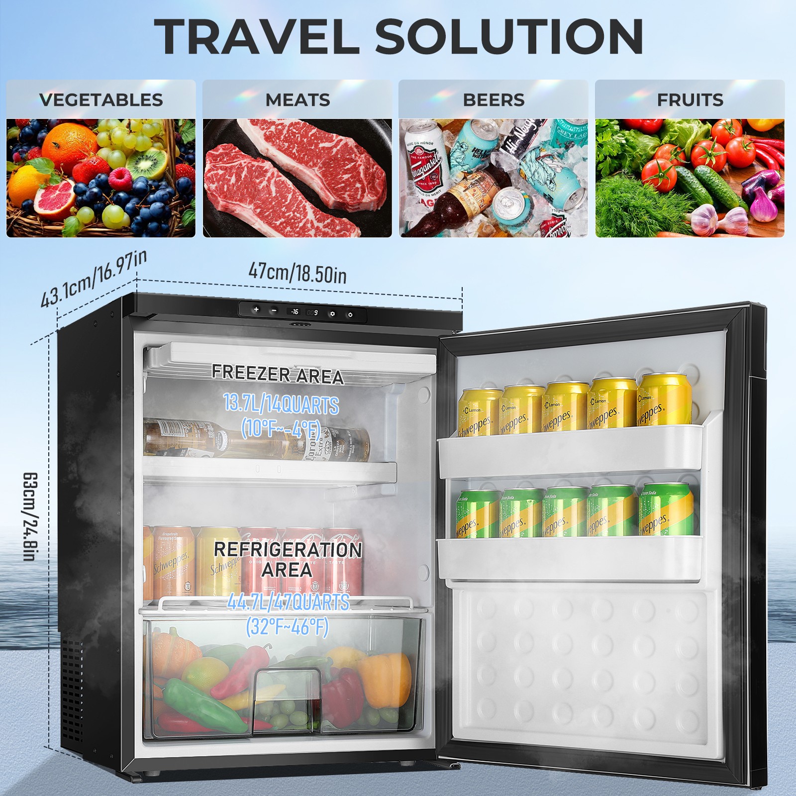 Mini Refrigerator AC110 DC 12V Fridge 2.3cu ft/65L RV Refrigerator for Truck RV