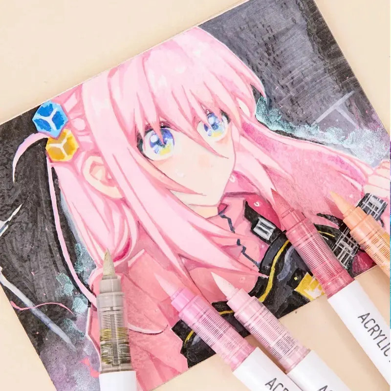 9 Colors Water Based Acrylic Paint Markers, Brush Felt Tip Acrylic Paint Pens