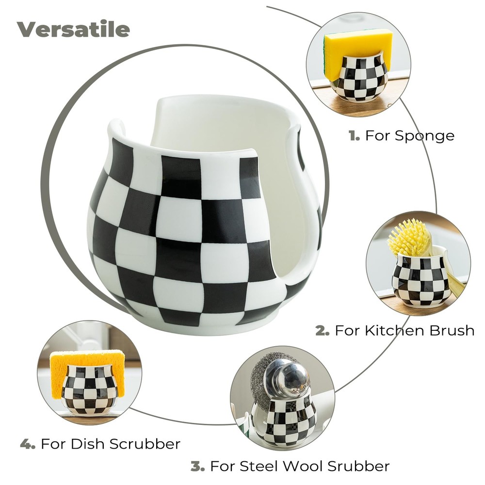 Checkered Sponge Holder for Kitchen Sink, Ceramic Dish Sponge Dish Rack Scrub...