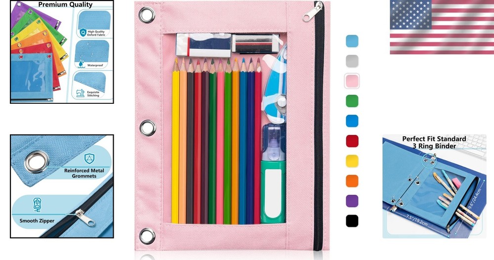 Large Capacity Zippered Pencil Case for 3 Ring Binders - Pink & Functional