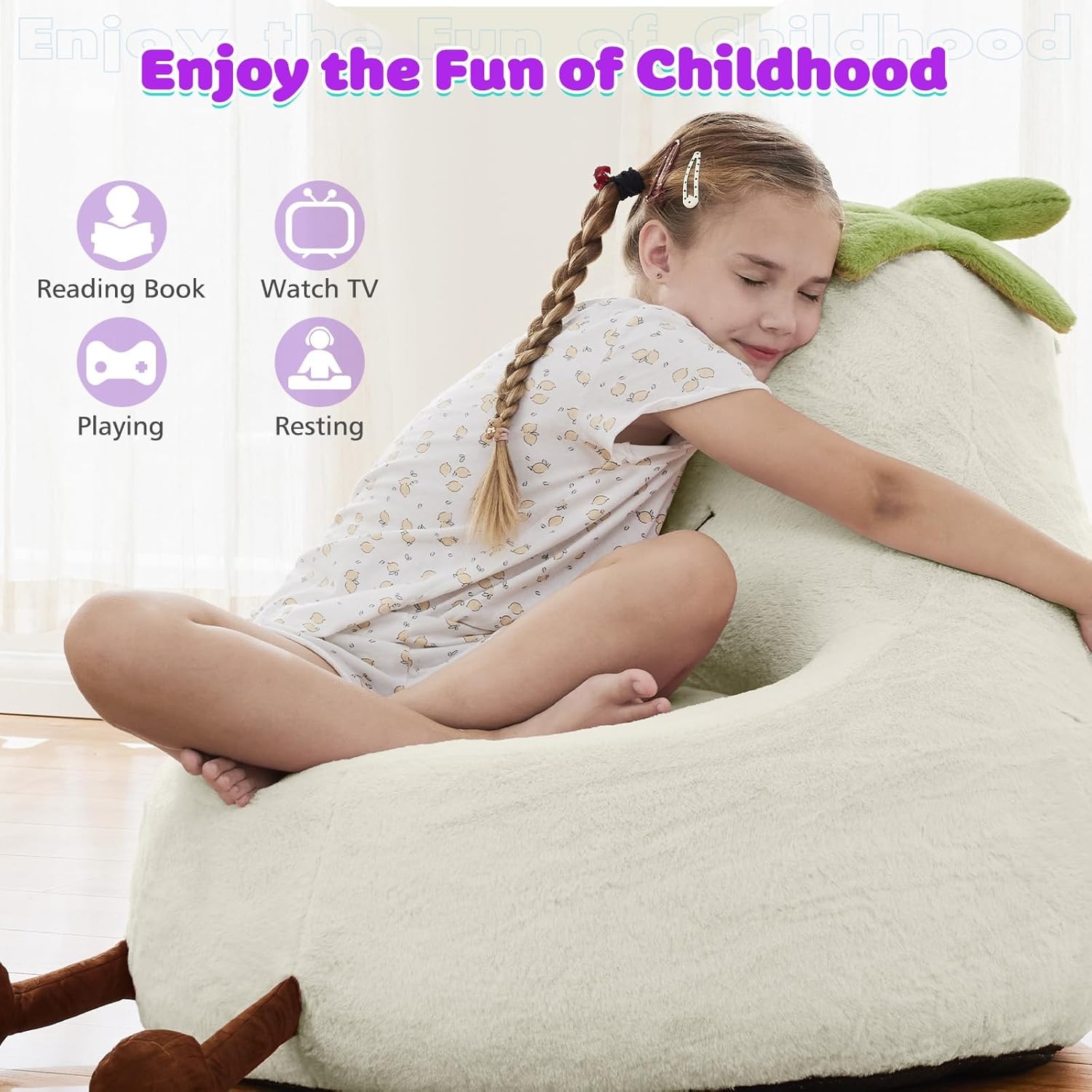 Kids Bean Bag Chair Stuffed Toddler Couch w/ Faux Rabbit Fur Cover for Teens Kid