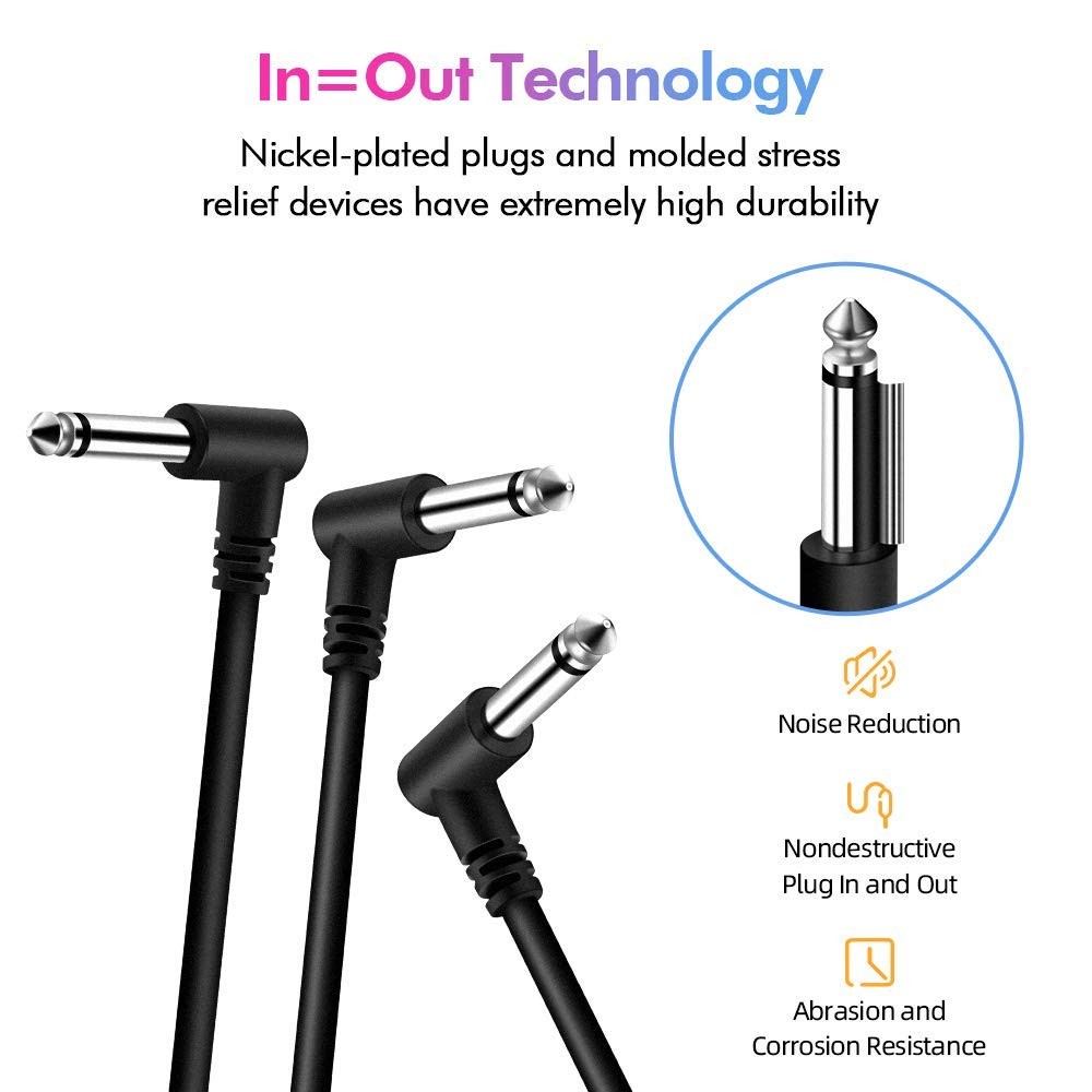 3 Pack 6 Inch Guitar Patch Cables, Black Right Angle Pedal Effect Cables