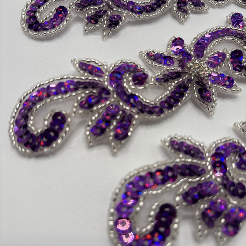 6 Purple Sequins Appliques Silver Beaded Border D2