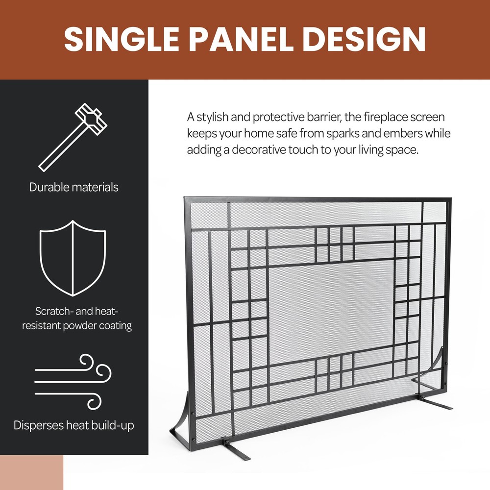 Fireplace Screen Single Panel Fireplace Gate with Protective Mesh, Black
