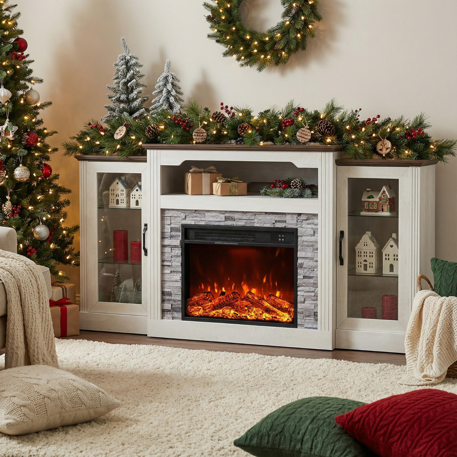 70” White Electric Fireplace TV Stand Glass Door Storage Cabinet for 65–75” TV