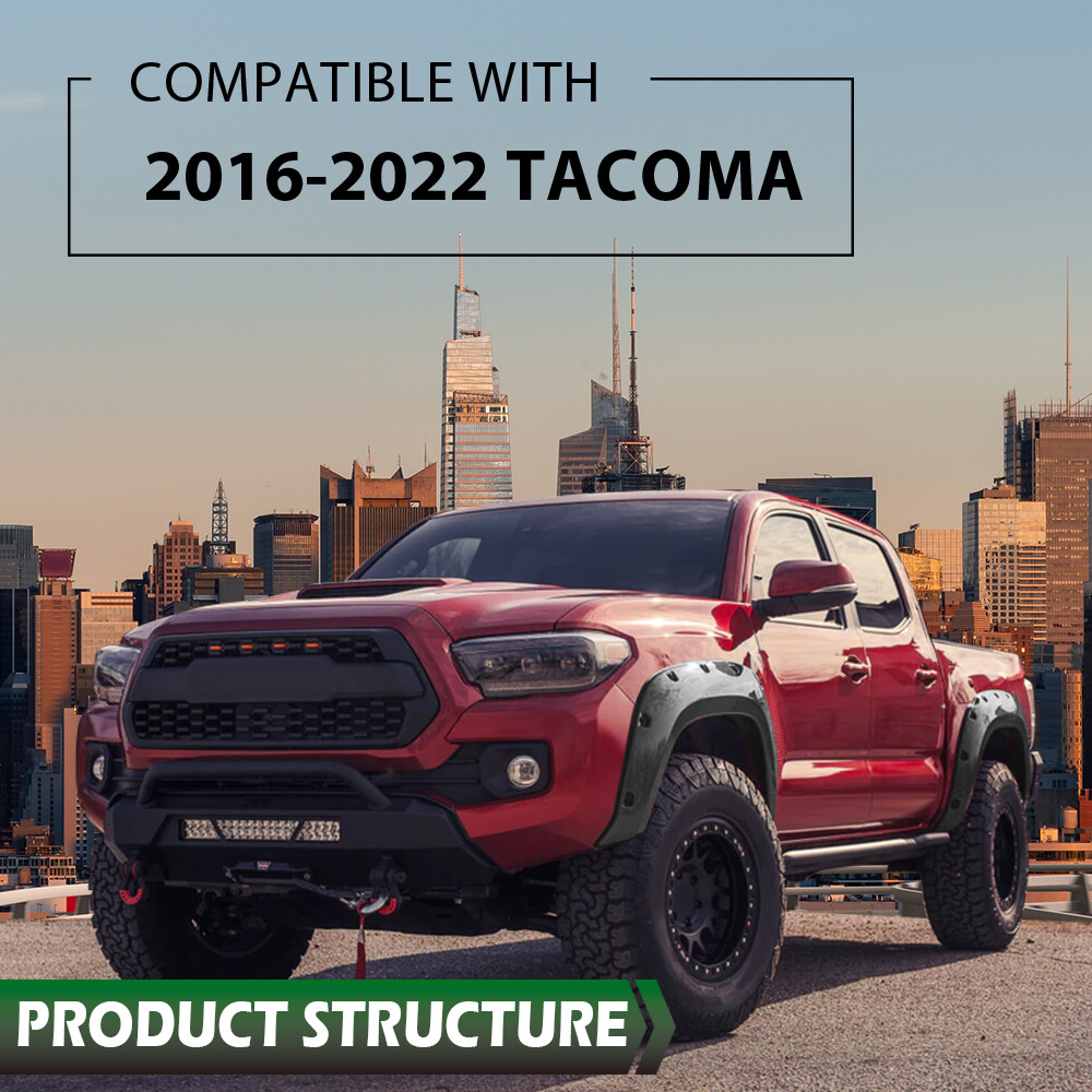 4pcs Fit For 16-22 Toyota Tacoma Pocket Rivet Style Fender Flares Smooth Black