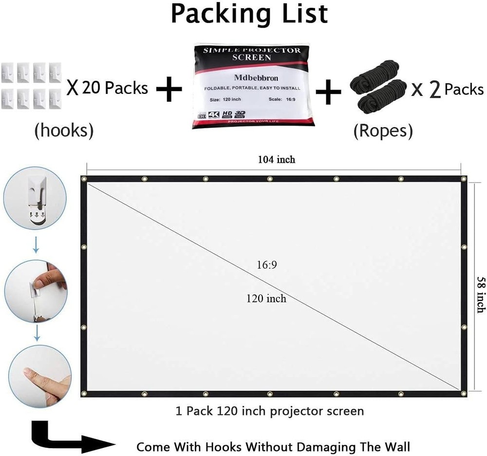 120 Inch Portable Projector Screen Polyester Foldable 16:9 Home Outdoor