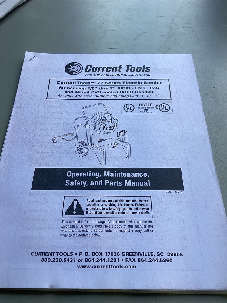 Current 77 series conduit bender operator,maintenance,parts manual