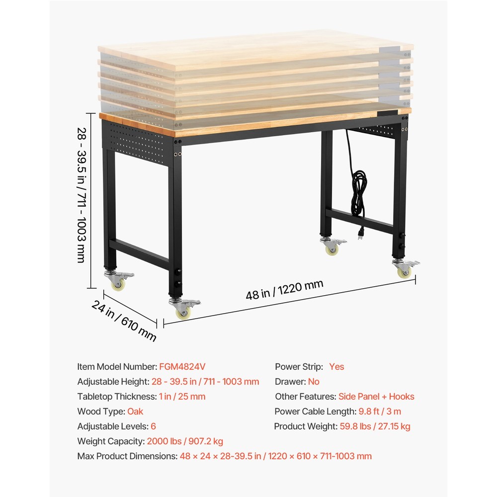 48" Workbench on Wheels Adjustable Height Table with Power Outlet & Pegboard