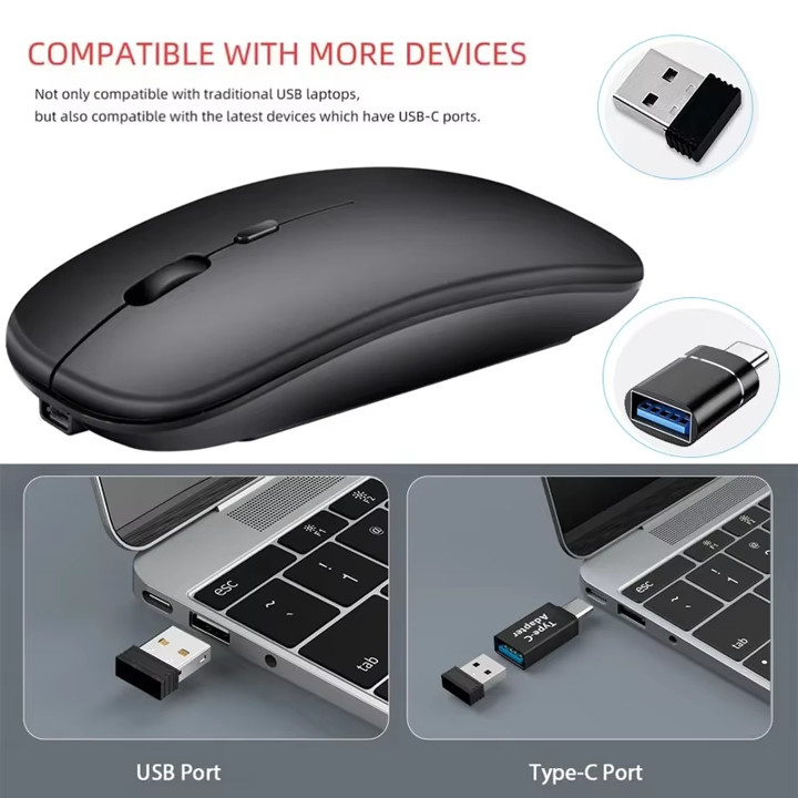 Wireless Mouse slim rechargeable Black with OTG