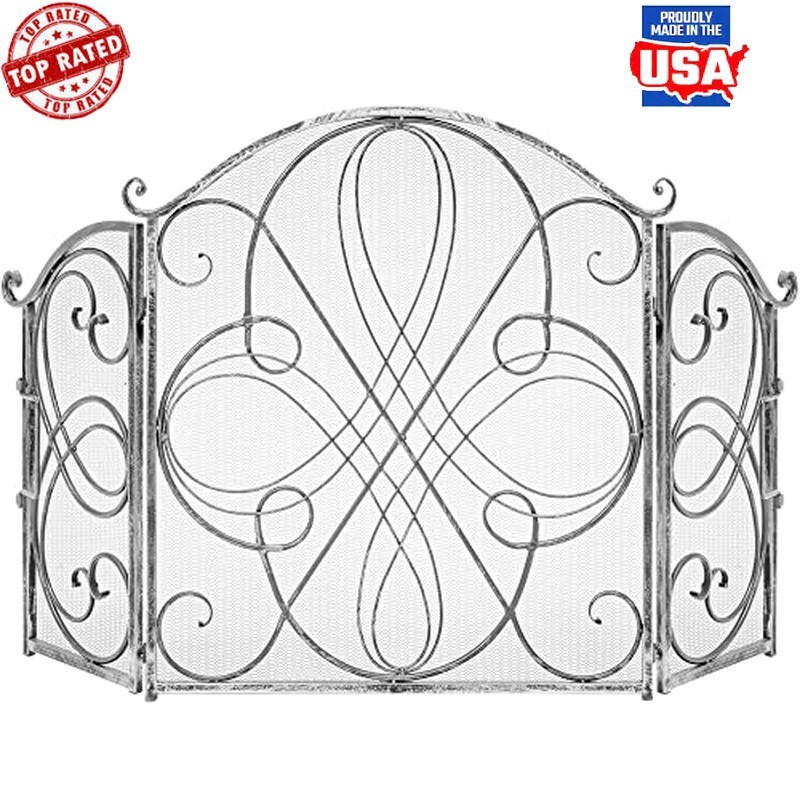 3-Panel Wrought Iron Fireplace Screen Spark Guard Folding Safety Protector New