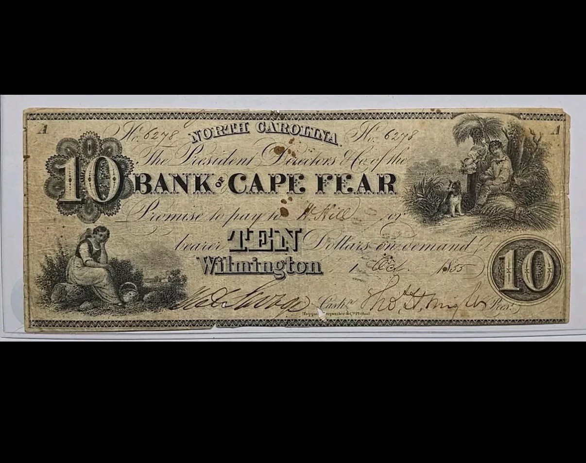 1855 Bank of Cape Fear $10 Wilmington NC Serial #6278